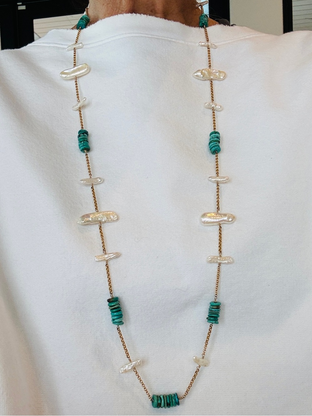 14k Gold-Fill Chain Necklace with Genuine Turquoise Beads & Freshwater Pearls